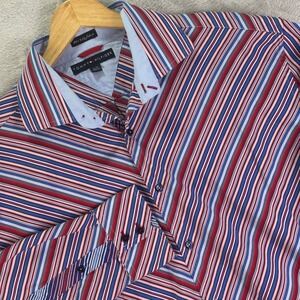 Tommy Hilfiger Men's Dress Shirt Red Blue Stripe‎ Chevron 80s 2-Ply Fabric Sz XL